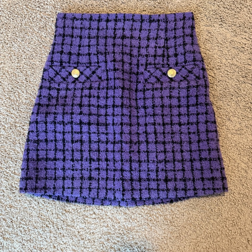 Sandro Purple Plaid Bouclé Mini Skirt with Gold Buttons